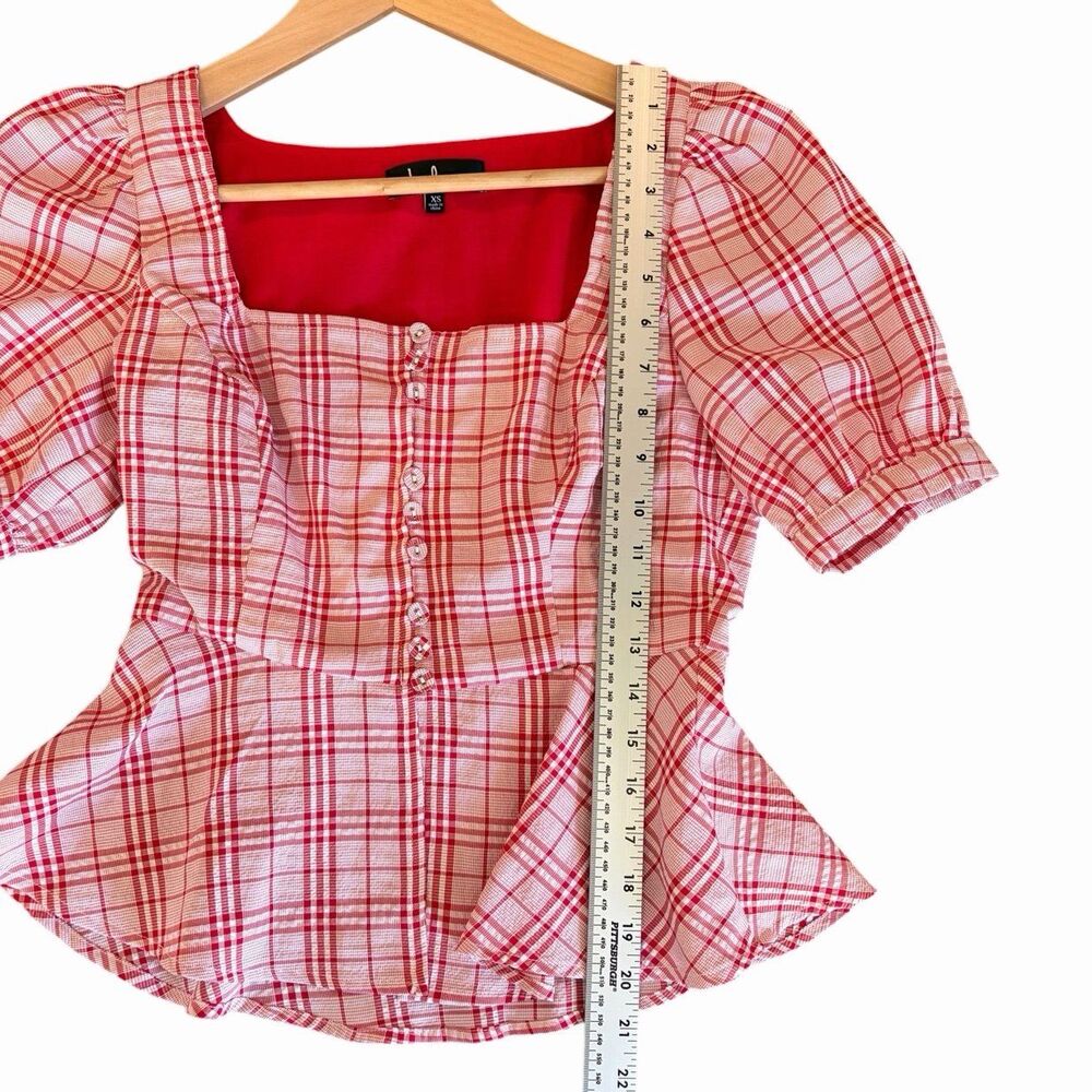 Lulus Red Plaid Peplum Top XS Cottagecore Puff Sleeve Milkmaid Coquette Blouse - Picture 10 of 11